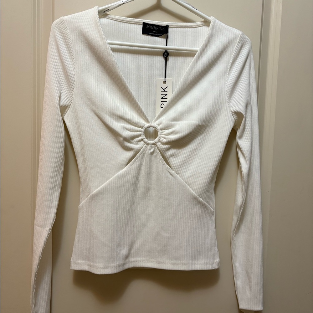 MINKPINK Cream Ribbed Long Sleeve Top with Ring Detail